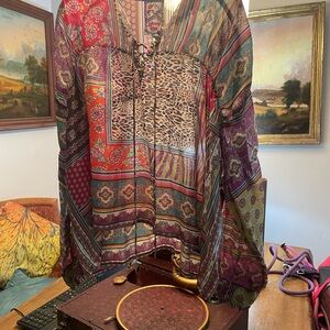 Jonny Was silk top multicolor loose flowing some animal print.